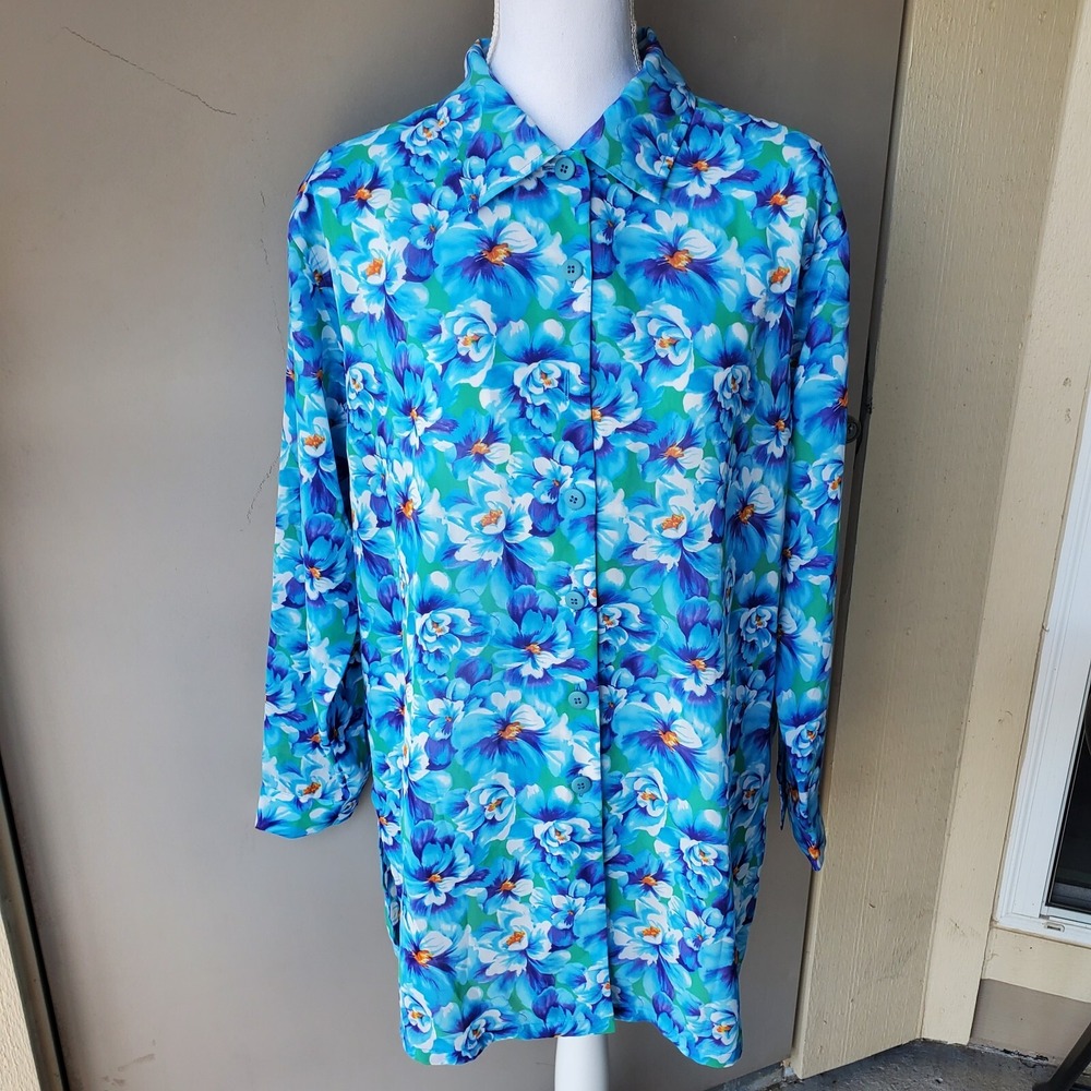 Bechamel Cover Up Blouse Womens Large Blue Teal Orange Floral Lightweight Tunic